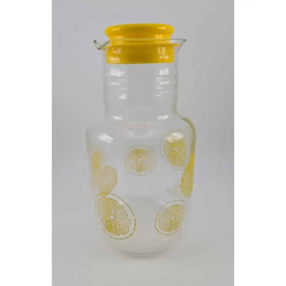 VTG PYREX #3520 Glass Lemonade Pitcher Carafe Lid Citrus Slices w/ Lid 2 QT/2L